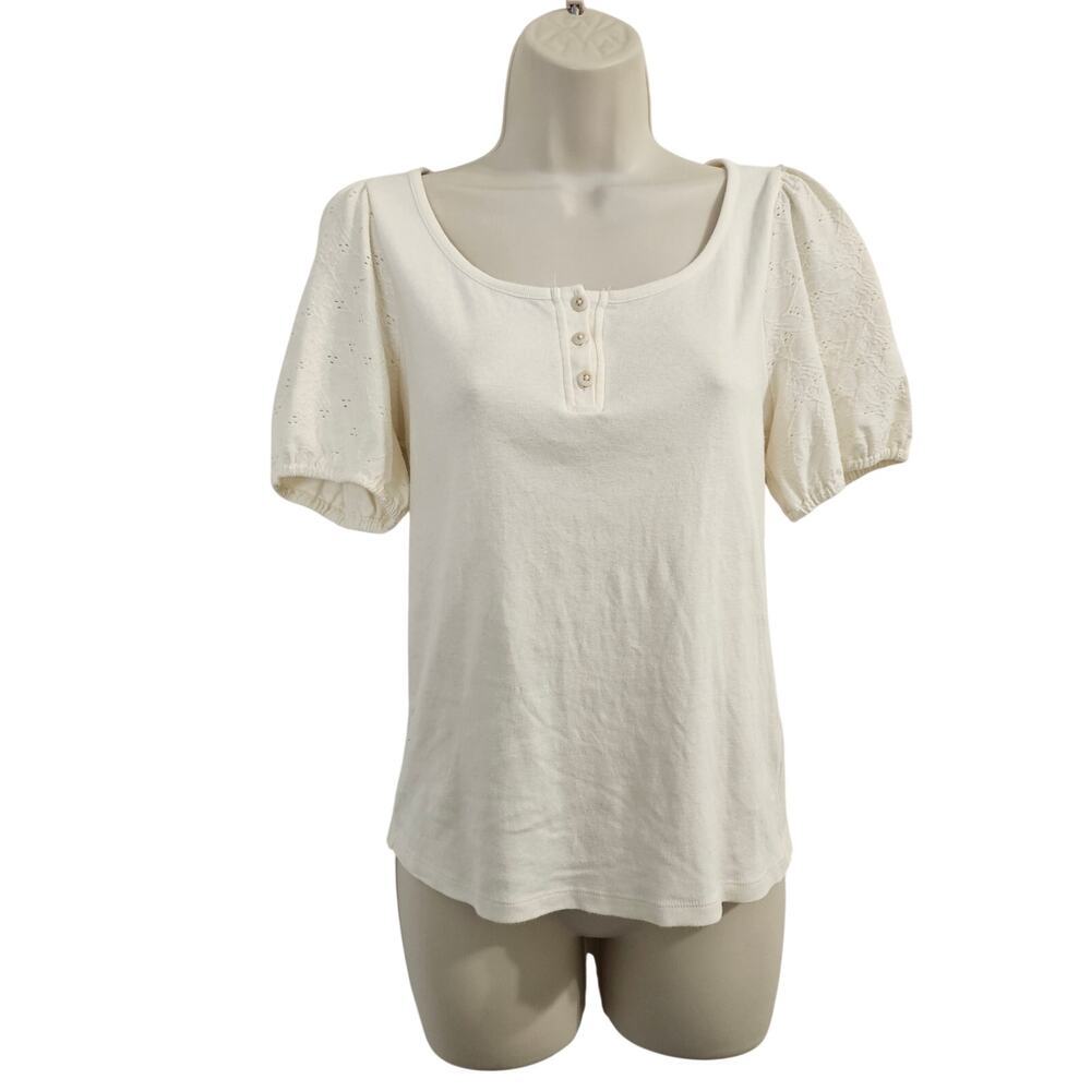MADEWELL Eyelet-Sleeve Henley Top in Bright Ivory Size S